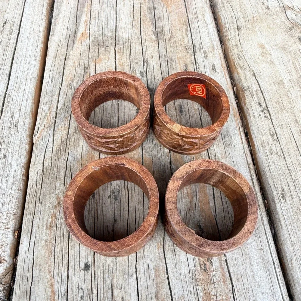 Vtg IEH Hand Carved Wood Napkin Rings Set of 4 Brown Floral Boho Dining